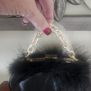 Black and Gold Chain Handle Fur Trim Bag